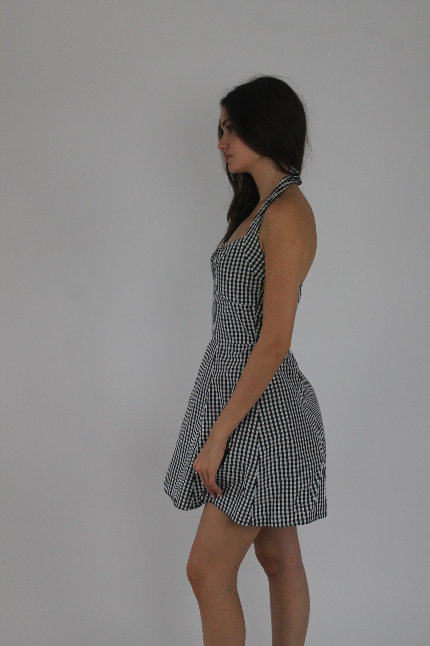 black and white gingham halterneck mini dress detail view 02