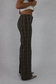brown plaid flared trousers detail view 02