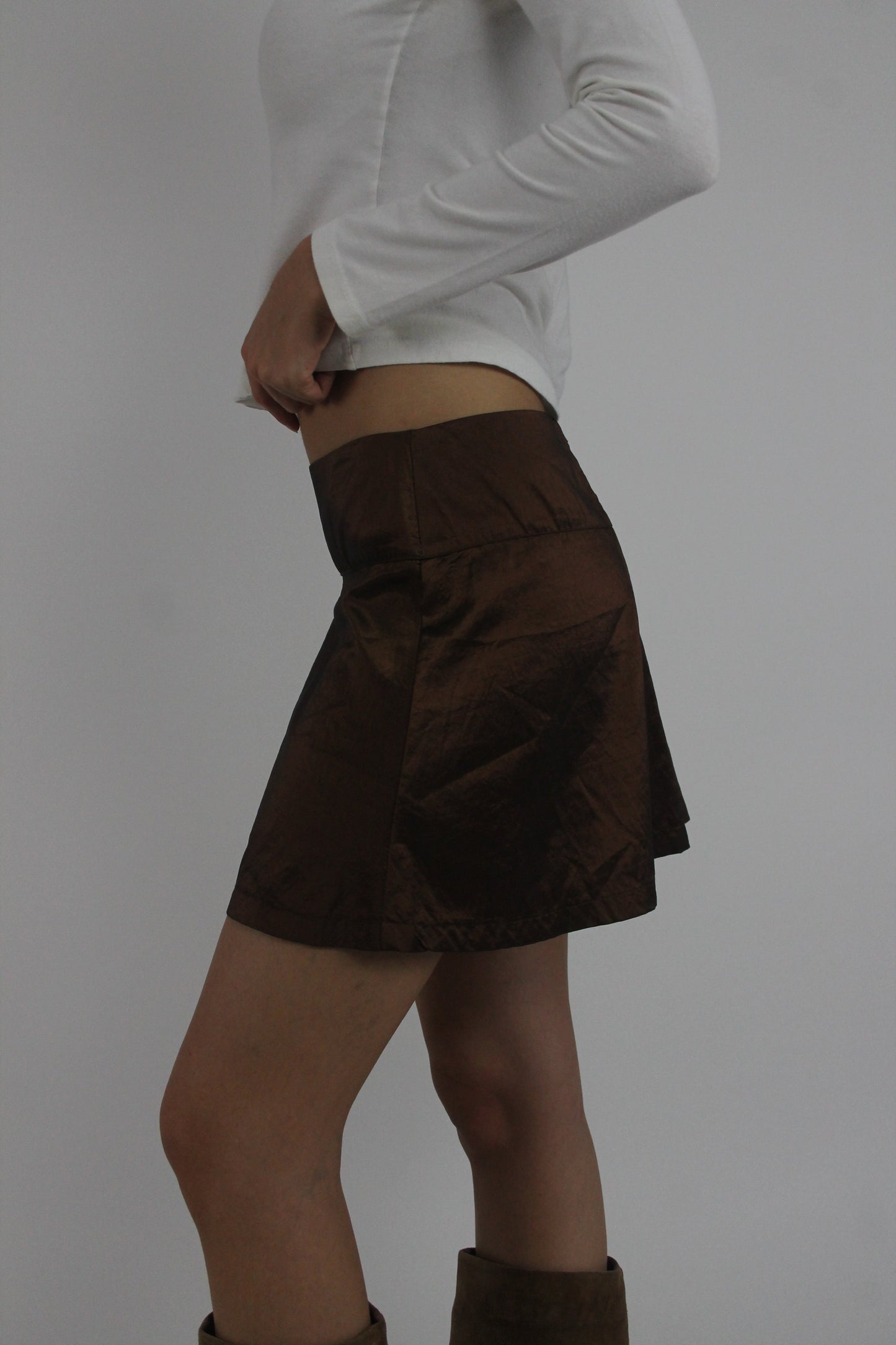 brown satin-style a-line mini skirt detail view 02