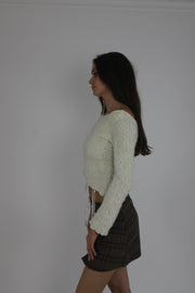 cream lace-up fuzzy top detail view 02