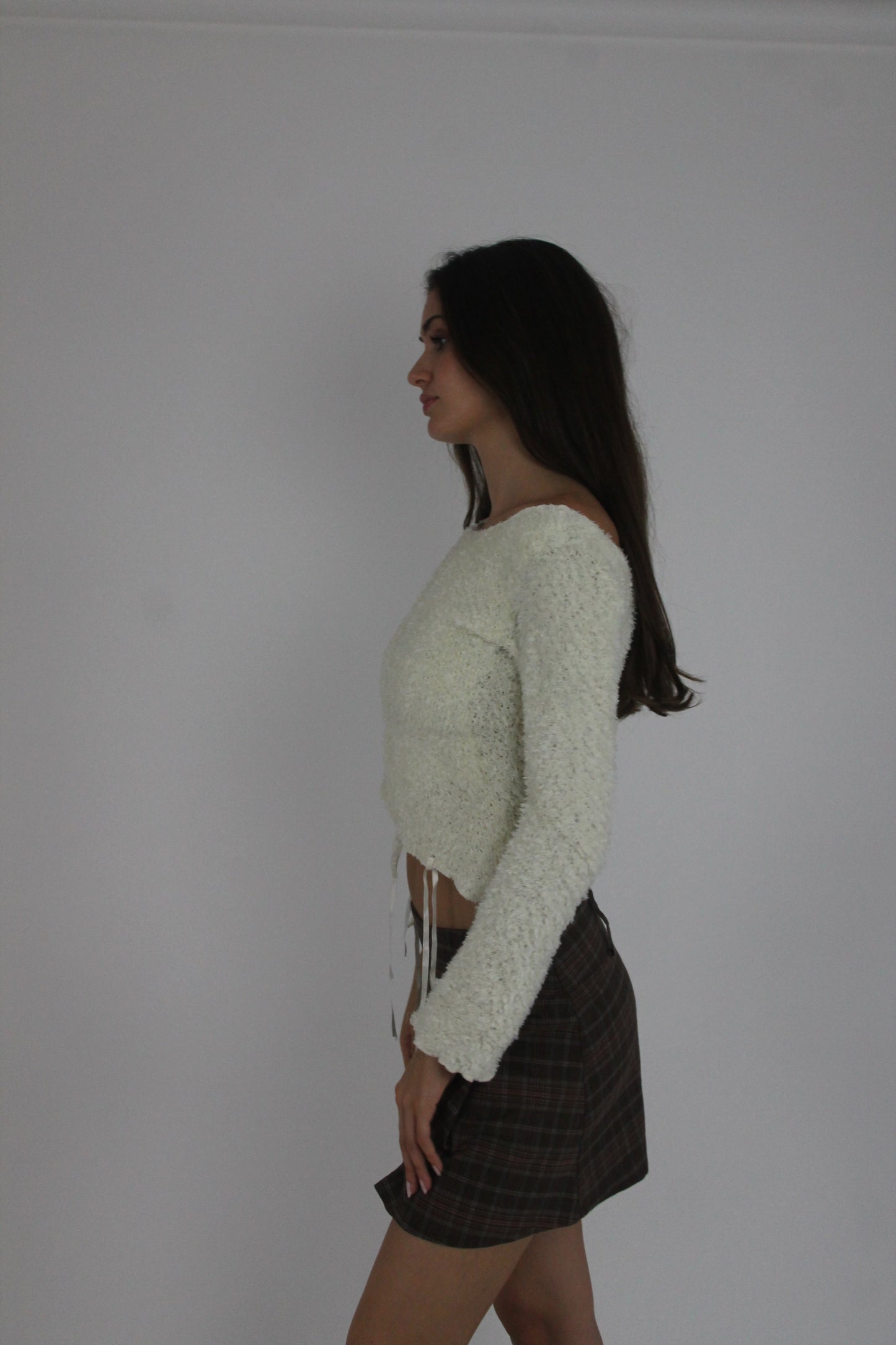 cream lace-up fuzzy top detail view 02