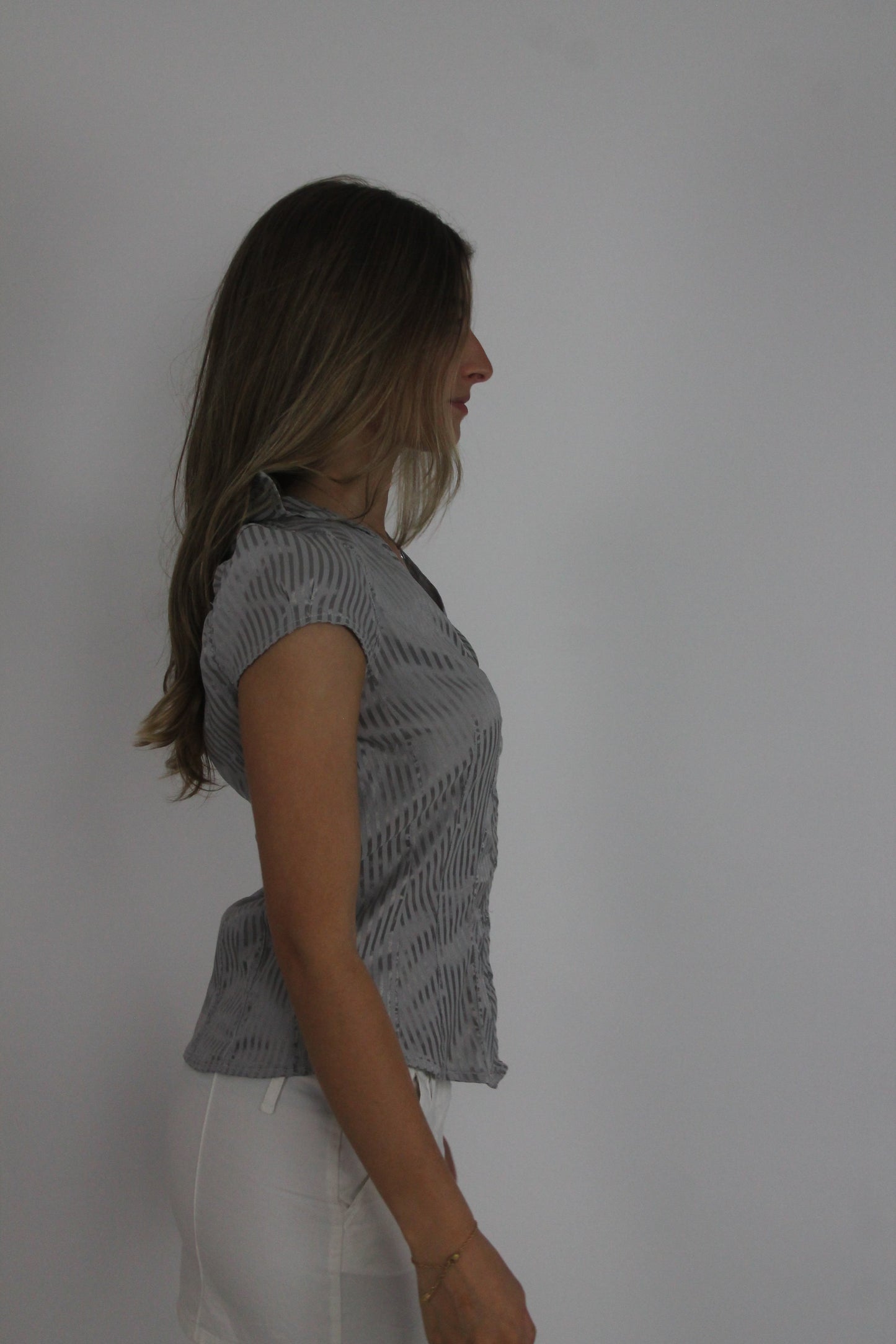 grey pinstripe ruched blouse detail view 02
