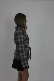 grey plaid belted jacket detail view 02