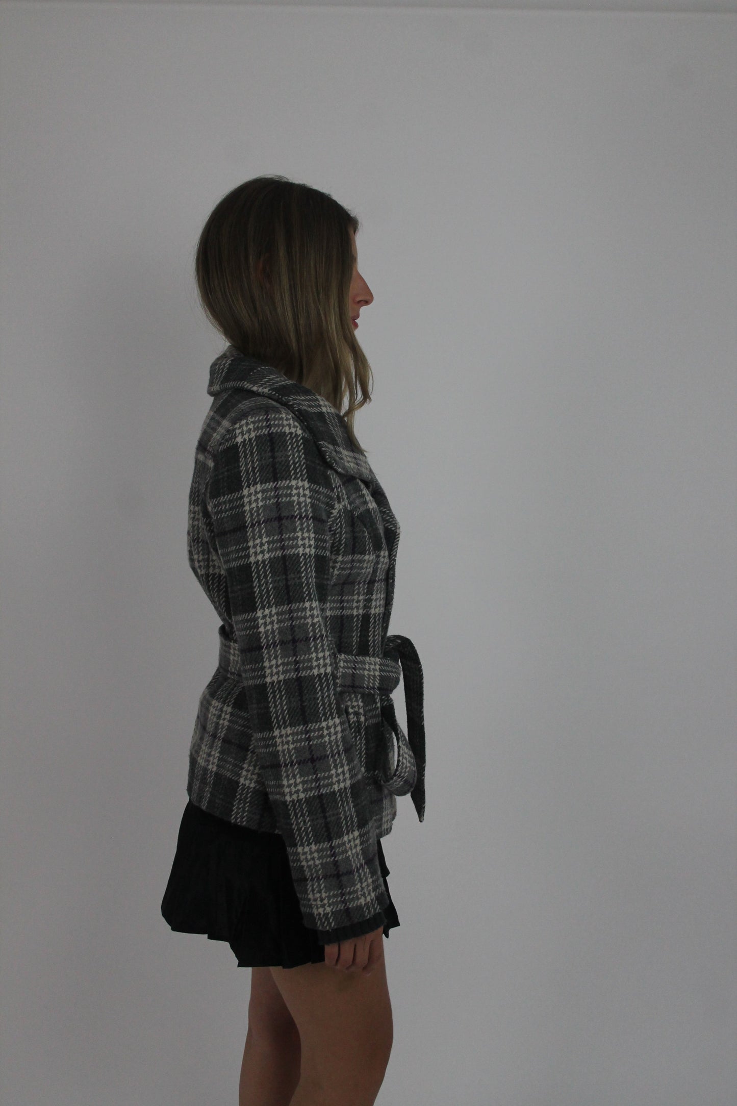grey plaid belted jacket detail view 02
