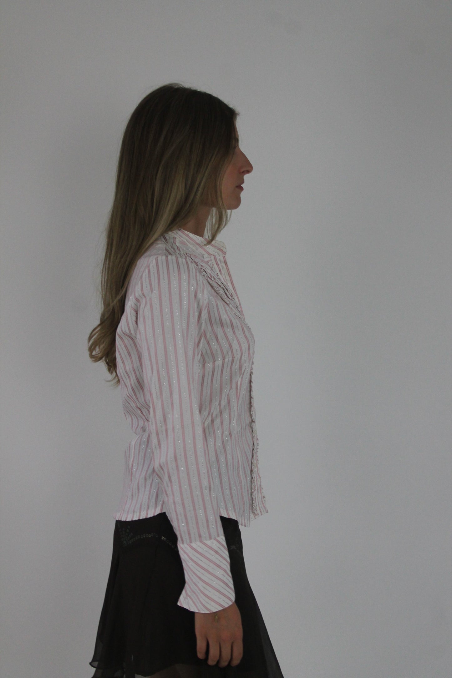 pink and white striped fitted blouse detail view 02