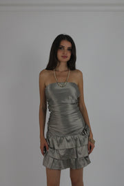 silver tiered satin-style mini dress detail view 02