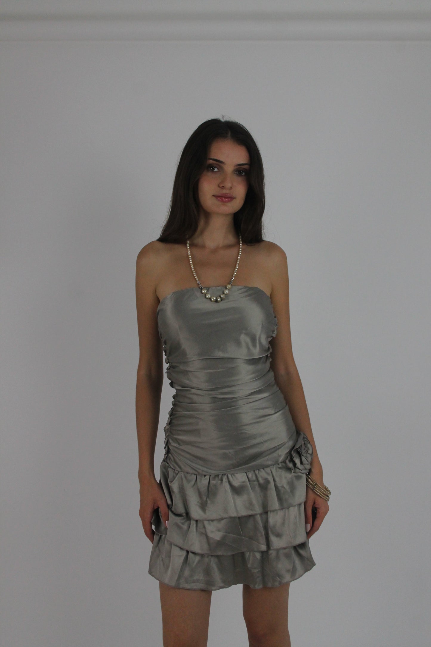 silver tiered satin-style mini dress detail view 02
