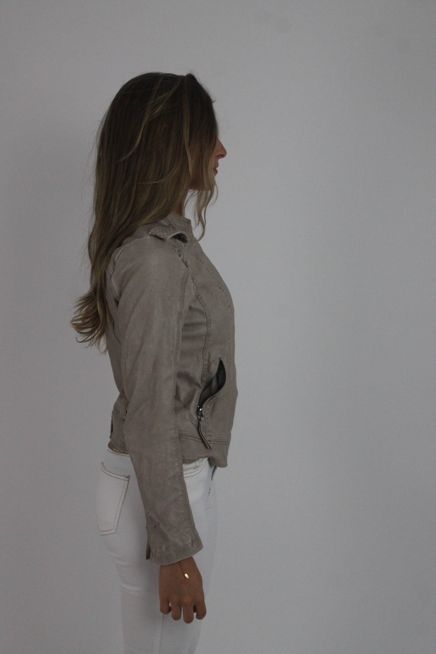 taupe fitted leather-look jacket detail view 02