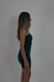 teal strapless ruched mini dress detail view 02