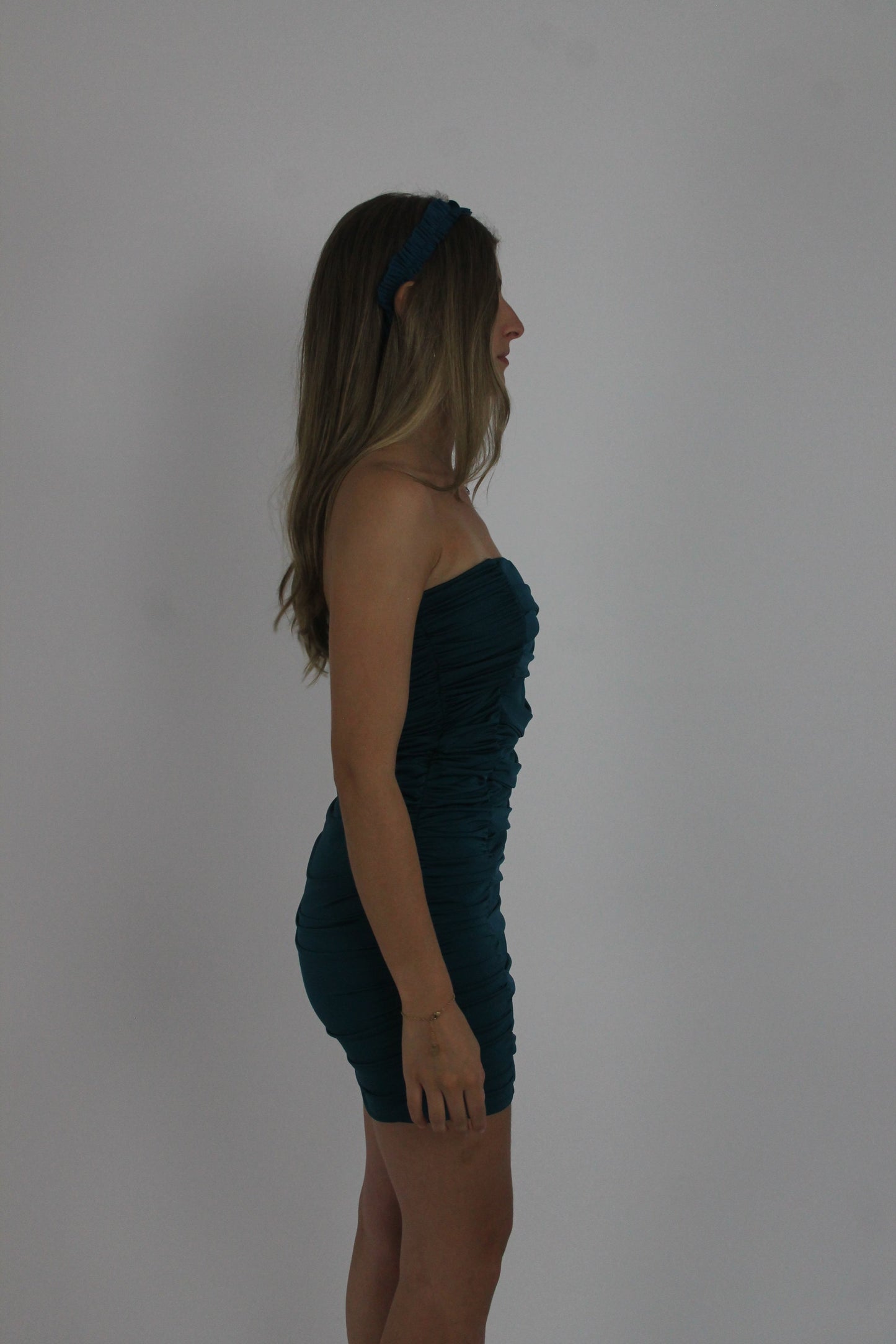 teal strapless ruched mini dress detail view 02