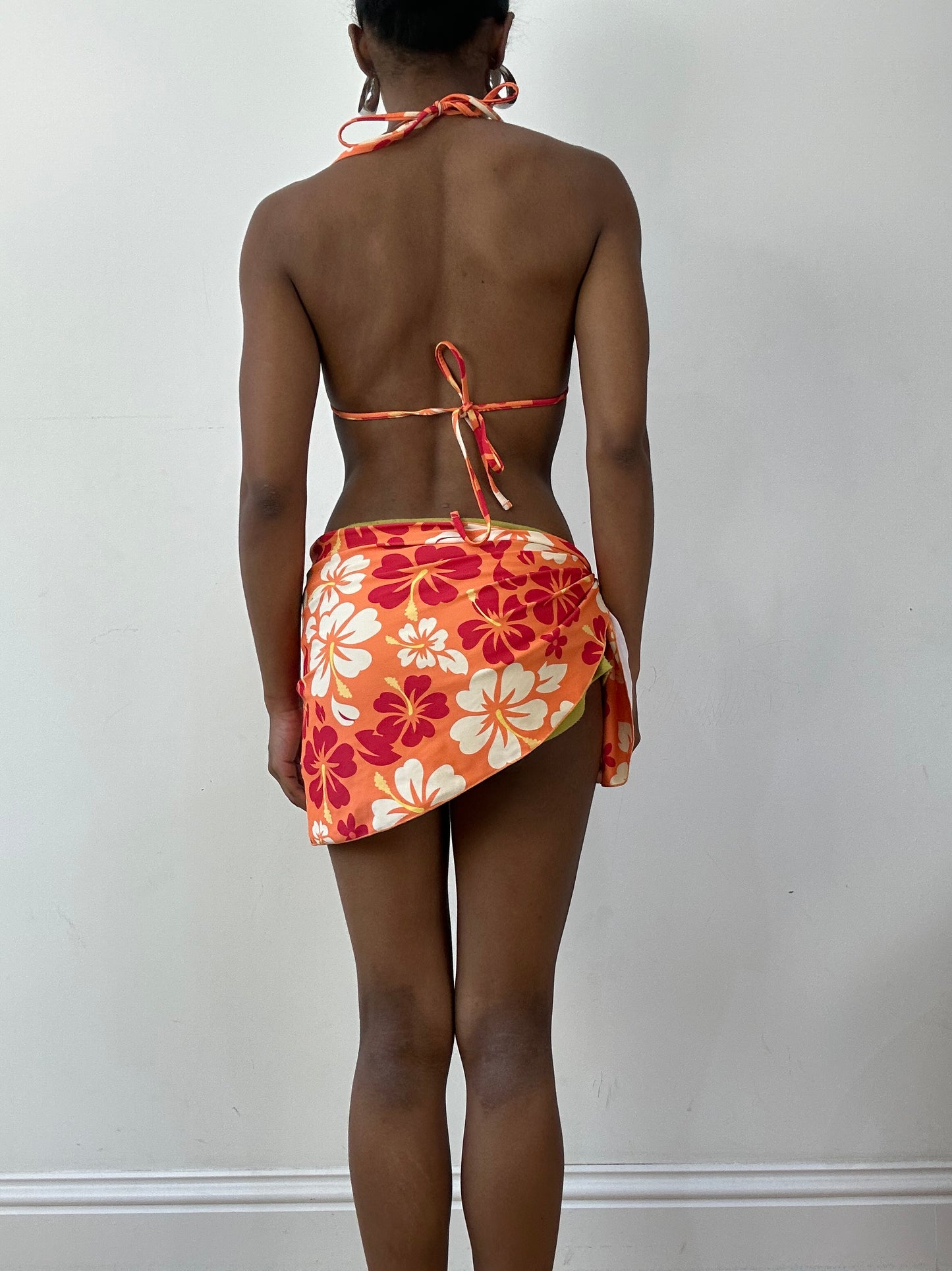 vintage edit twenty-seven | small orange hibiscus print bikini set with matching beach skirt
