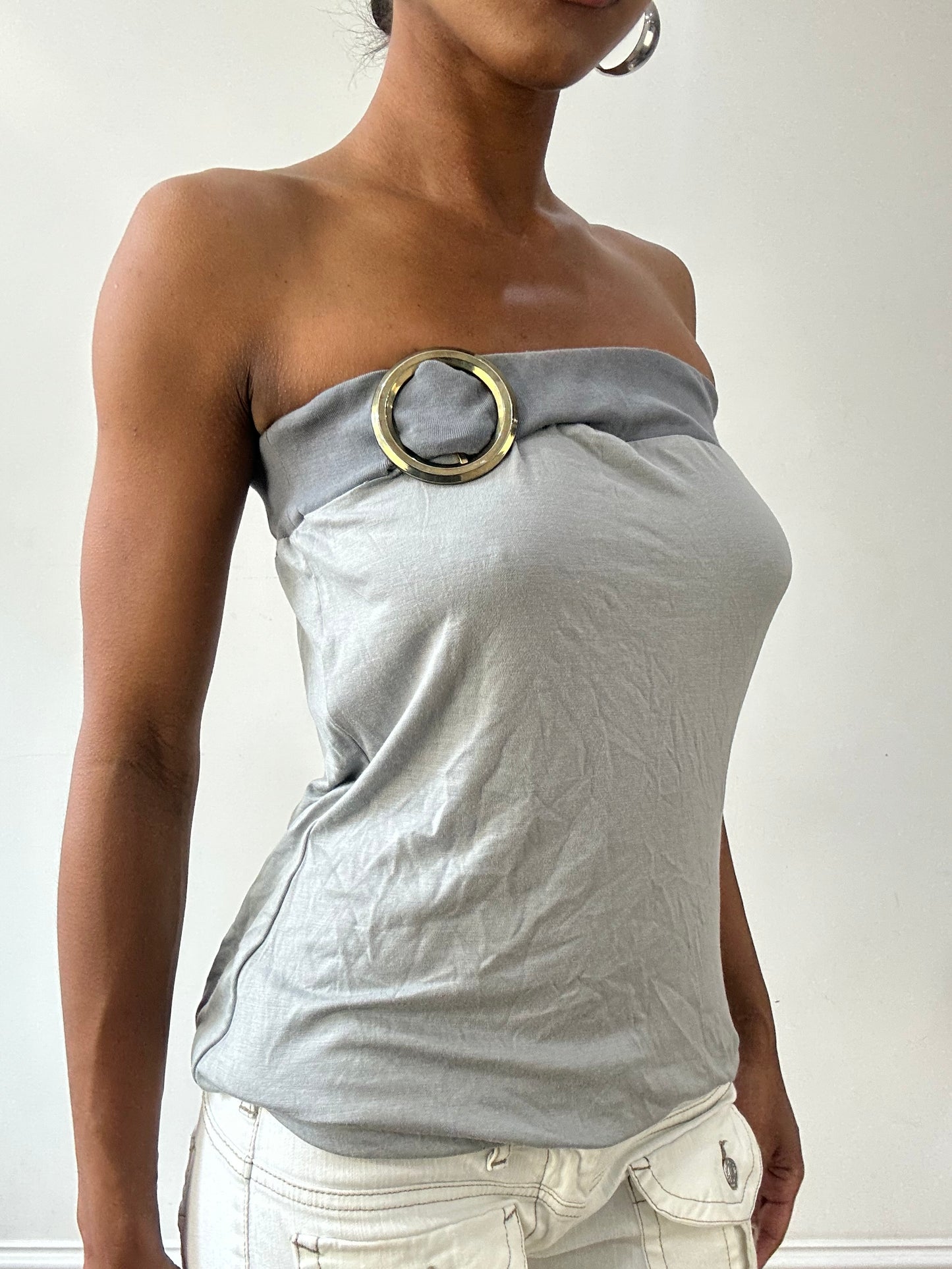 vintage edit thirty-one | small grey bandeau top with large silver buckle detail