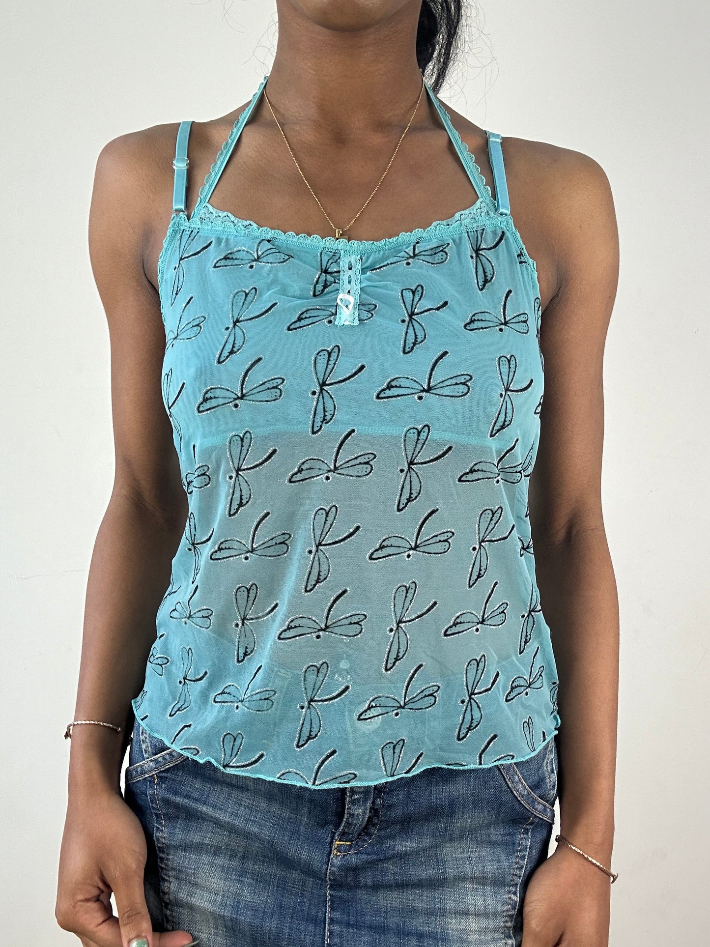 vintage edit: tops | medium blue glittery dragonfly print cami top