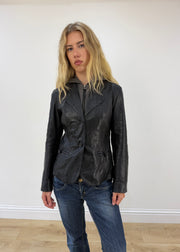 small black leather jacket with built in hoodie