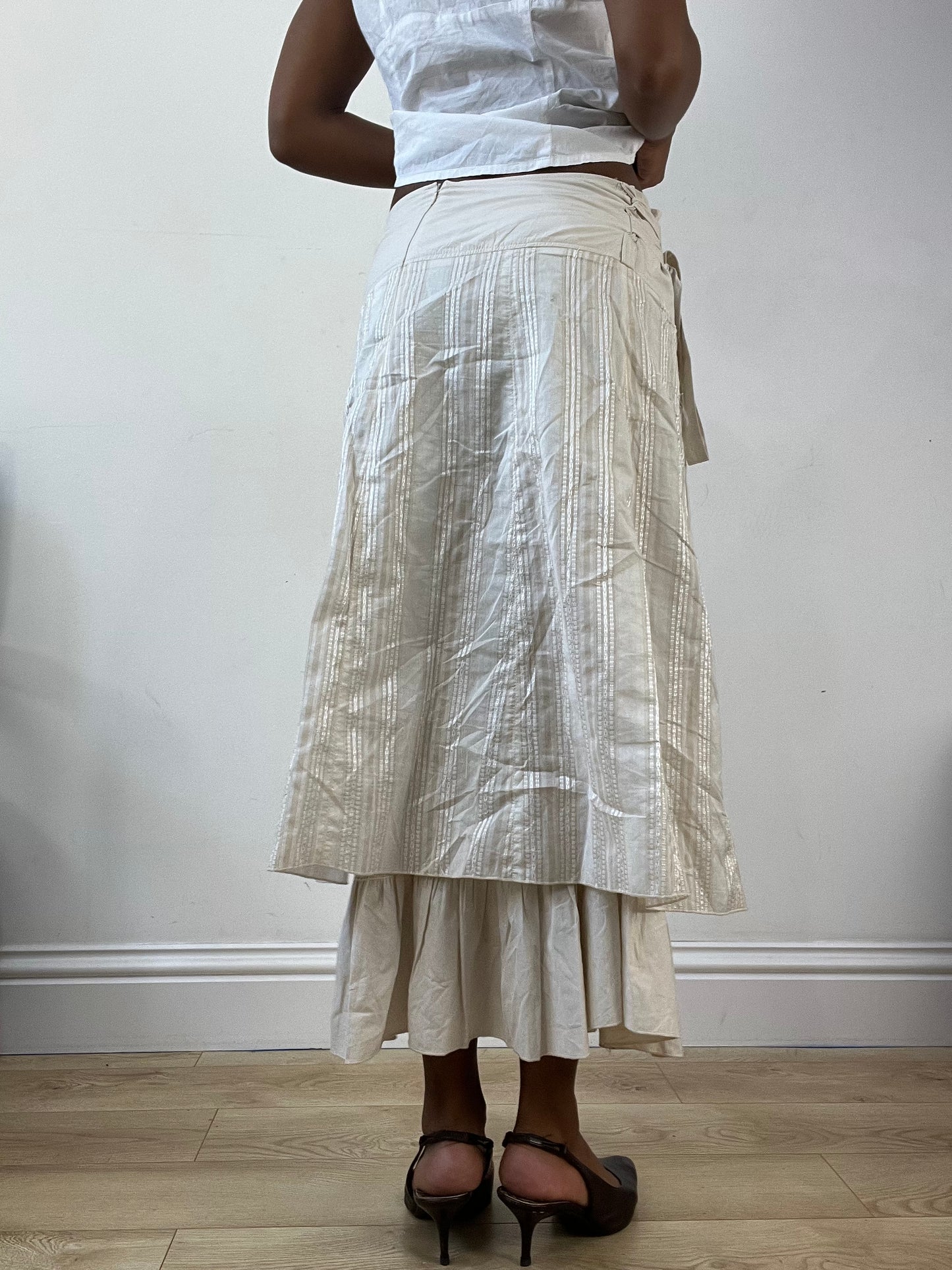 AUTUMN EDIT | medium cream tiered midi skirt with pinstripes