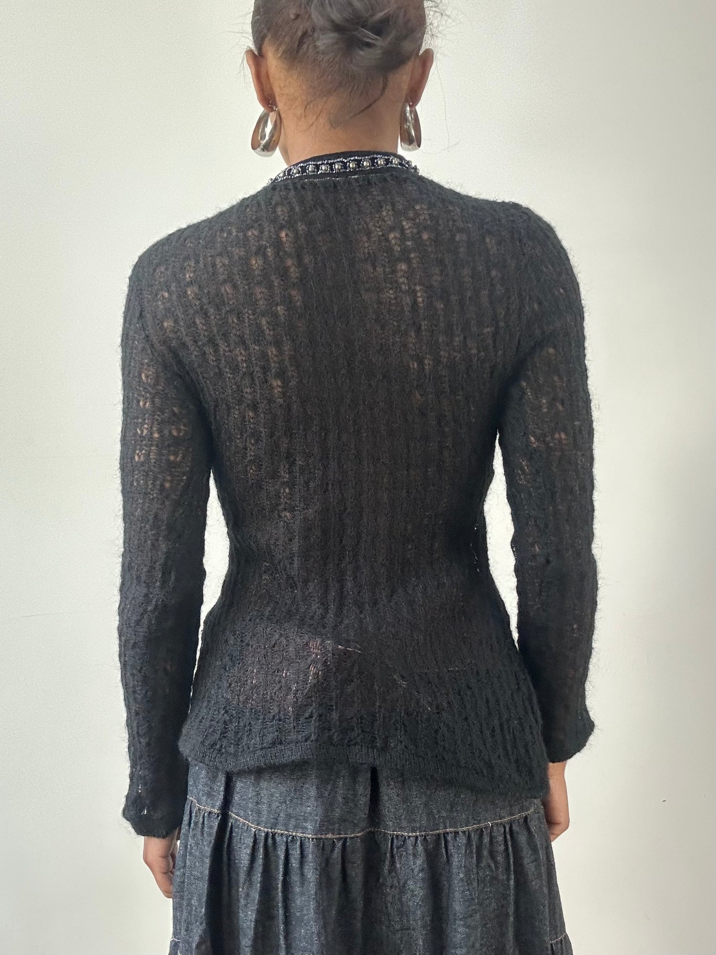LFW edit | small black crochet knit long sleeve jumper with beaded trim