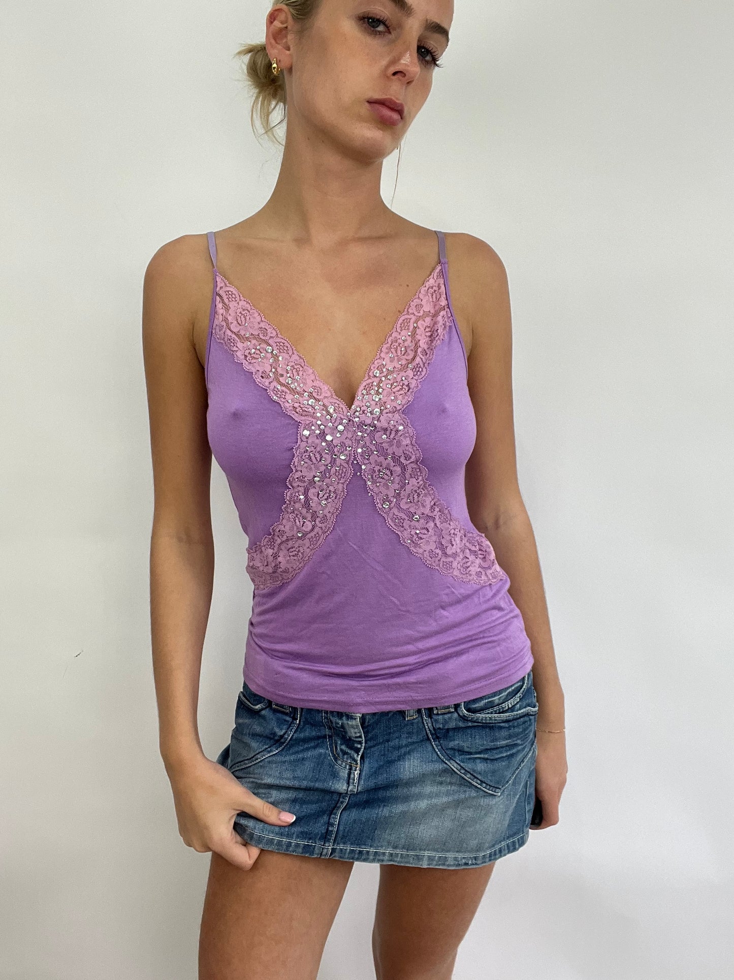 💻 COACHELLA DROP | small purple cami with lace detail and diamantés
