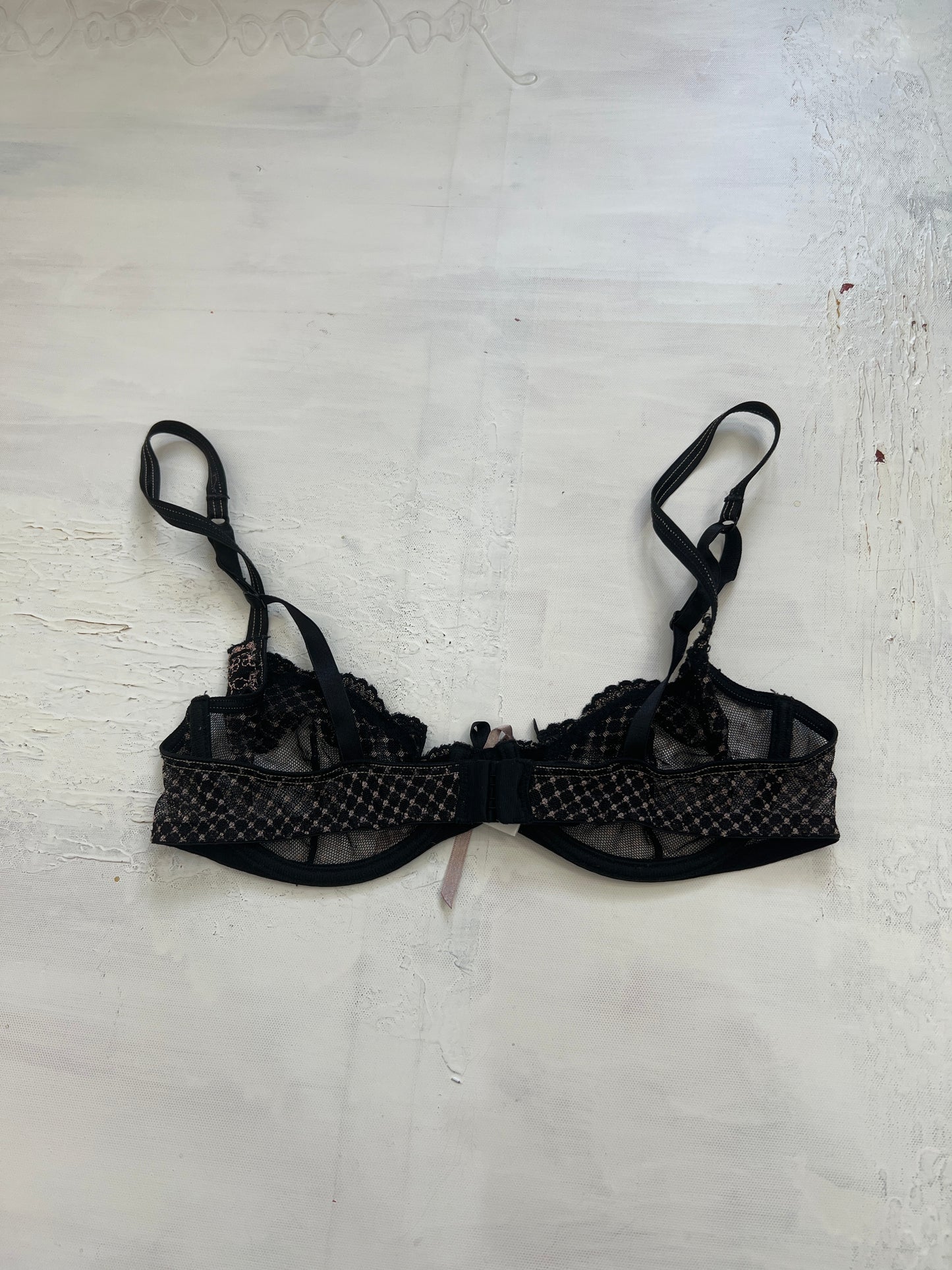 PUB GARDEN DROP | small black lace bra with pink floral embroidery