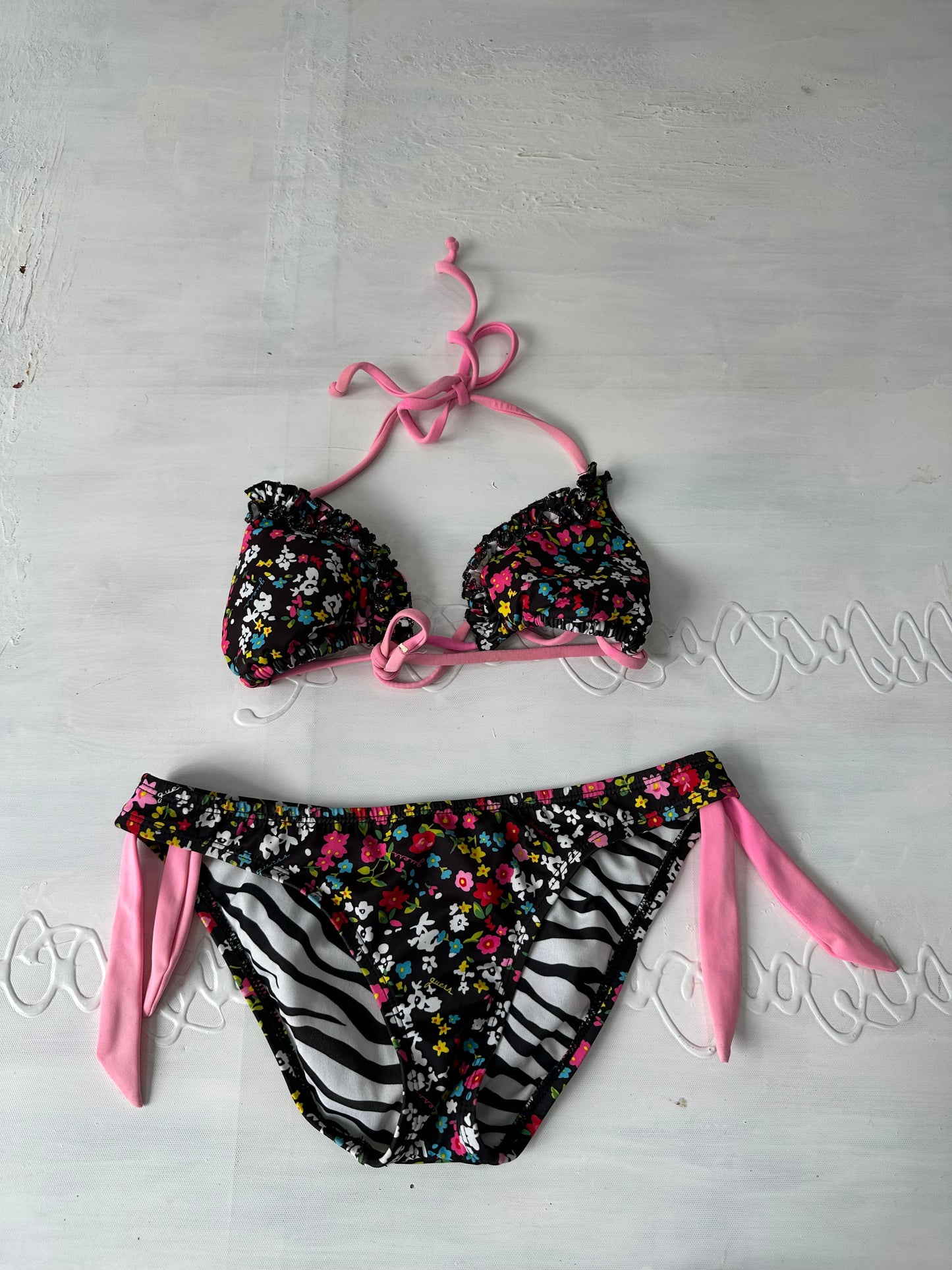 vintage edit thirty-one | small black floral bikini set with pink strap detail