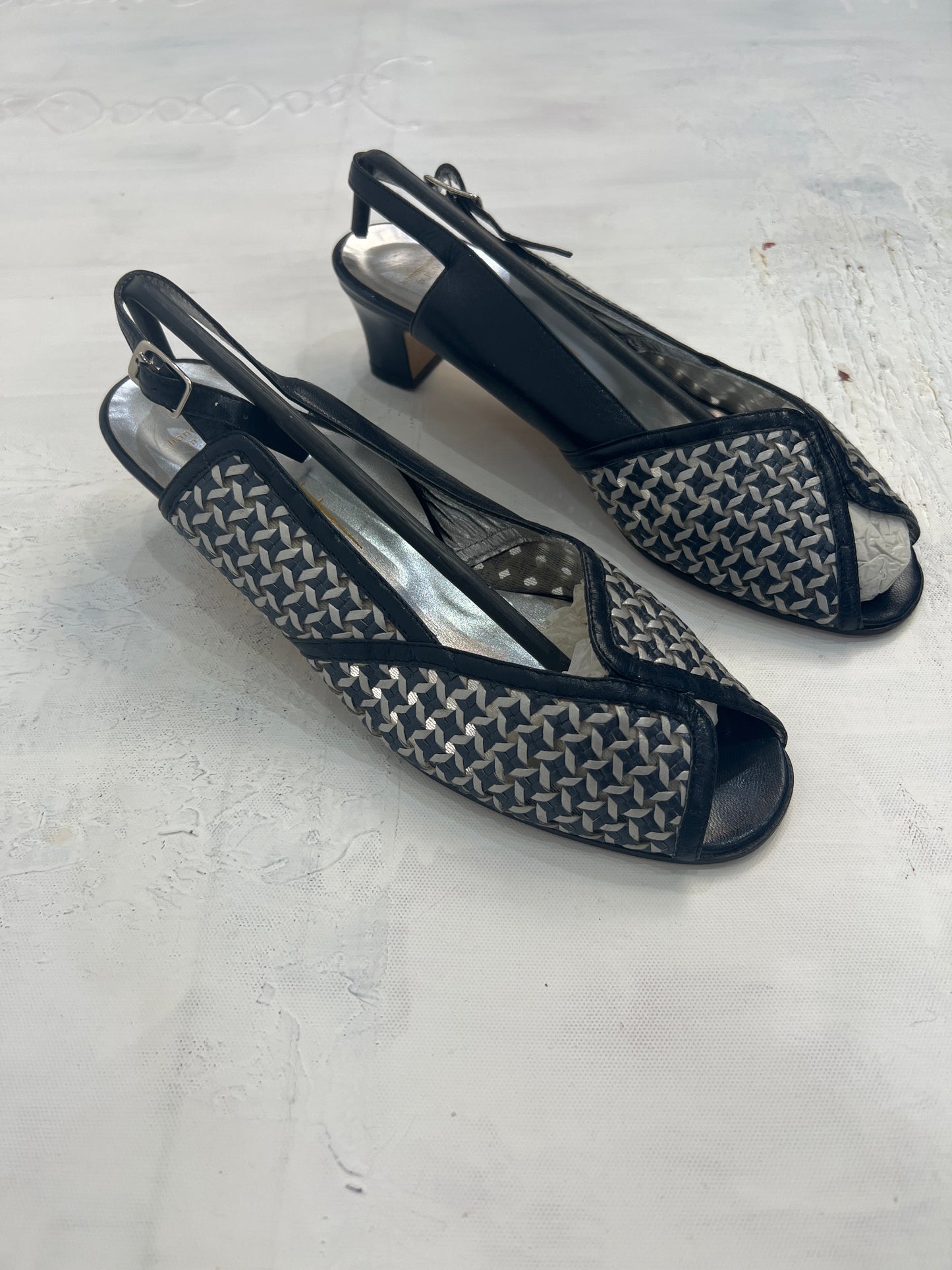 ⭐️ BEST PICKS | uk 5.5 black peep toe kitten heels with silver embellishments