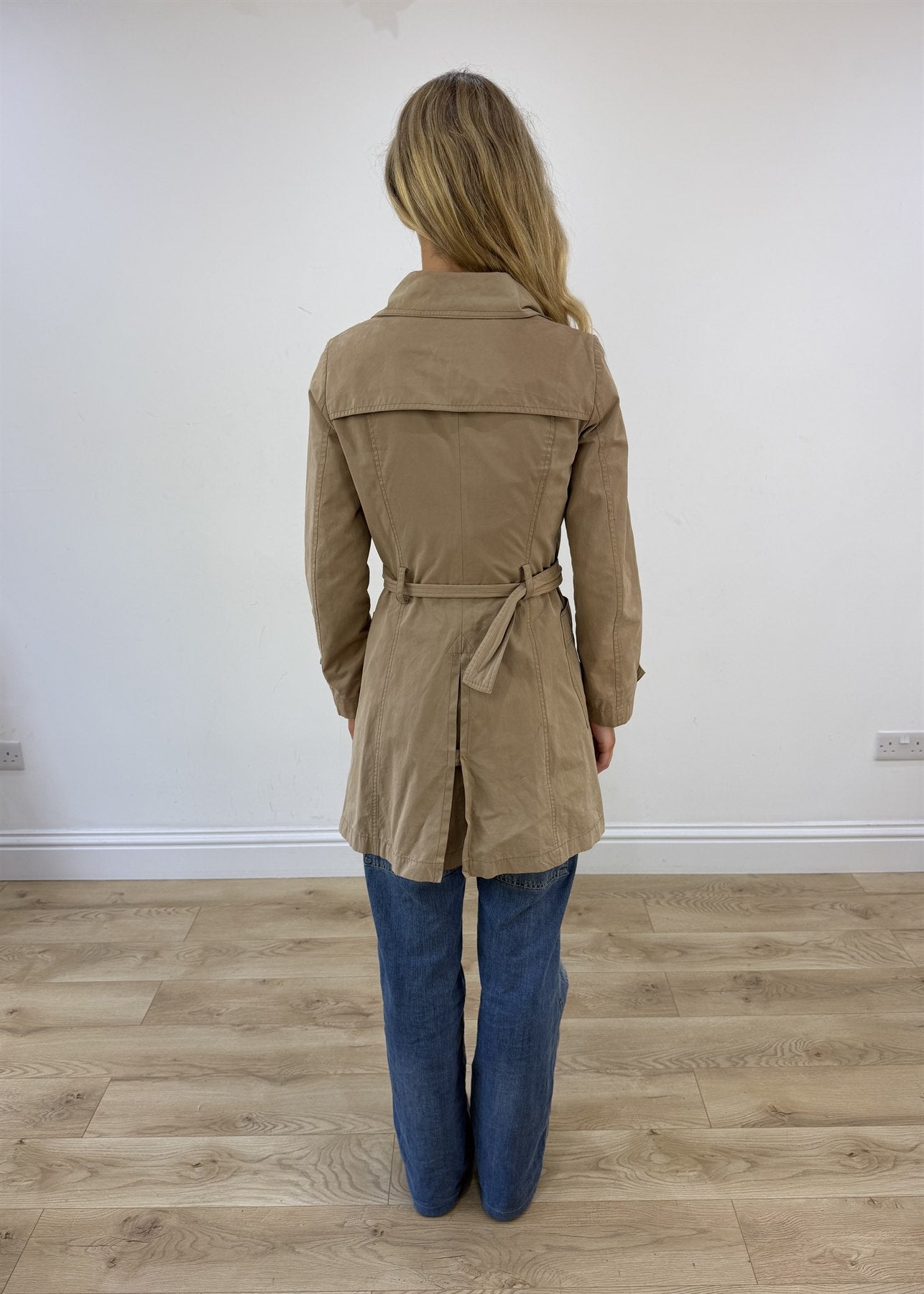 small tan old label zara belted trench coat