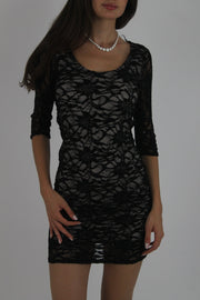 black lace three-quarter-sleeve mini dress detail view 03