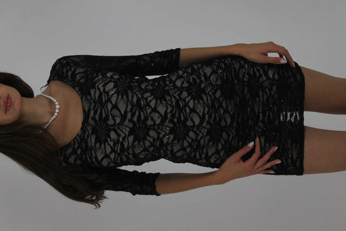 black lace three-quarter-sleeve mini dress detail 03