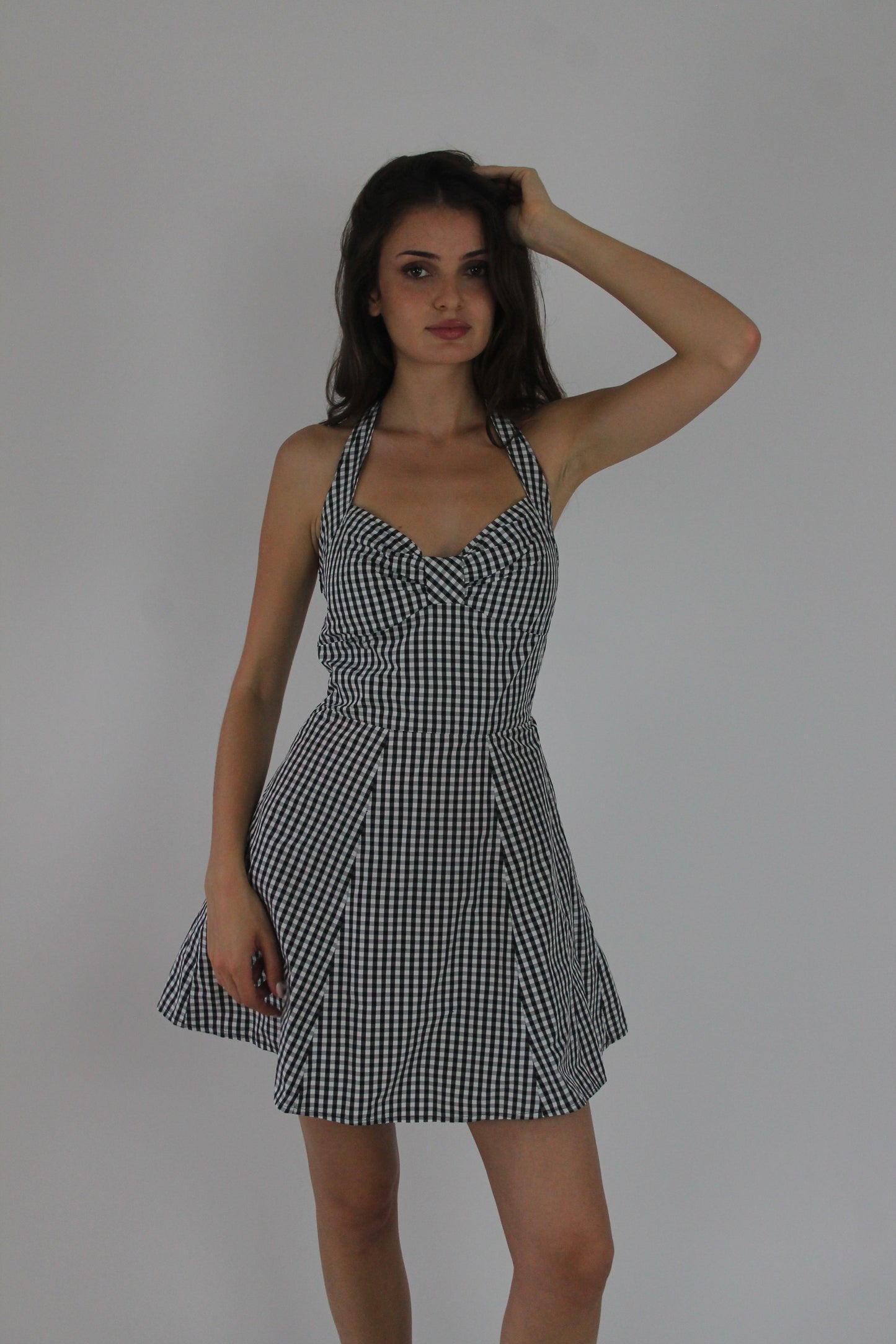 black and white gingham halterneck mini dress detail view 03
