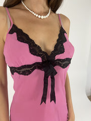 pink and black lace slip mini dress detail view 03