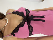 pink and black lace slip mini dress lace and bow detail