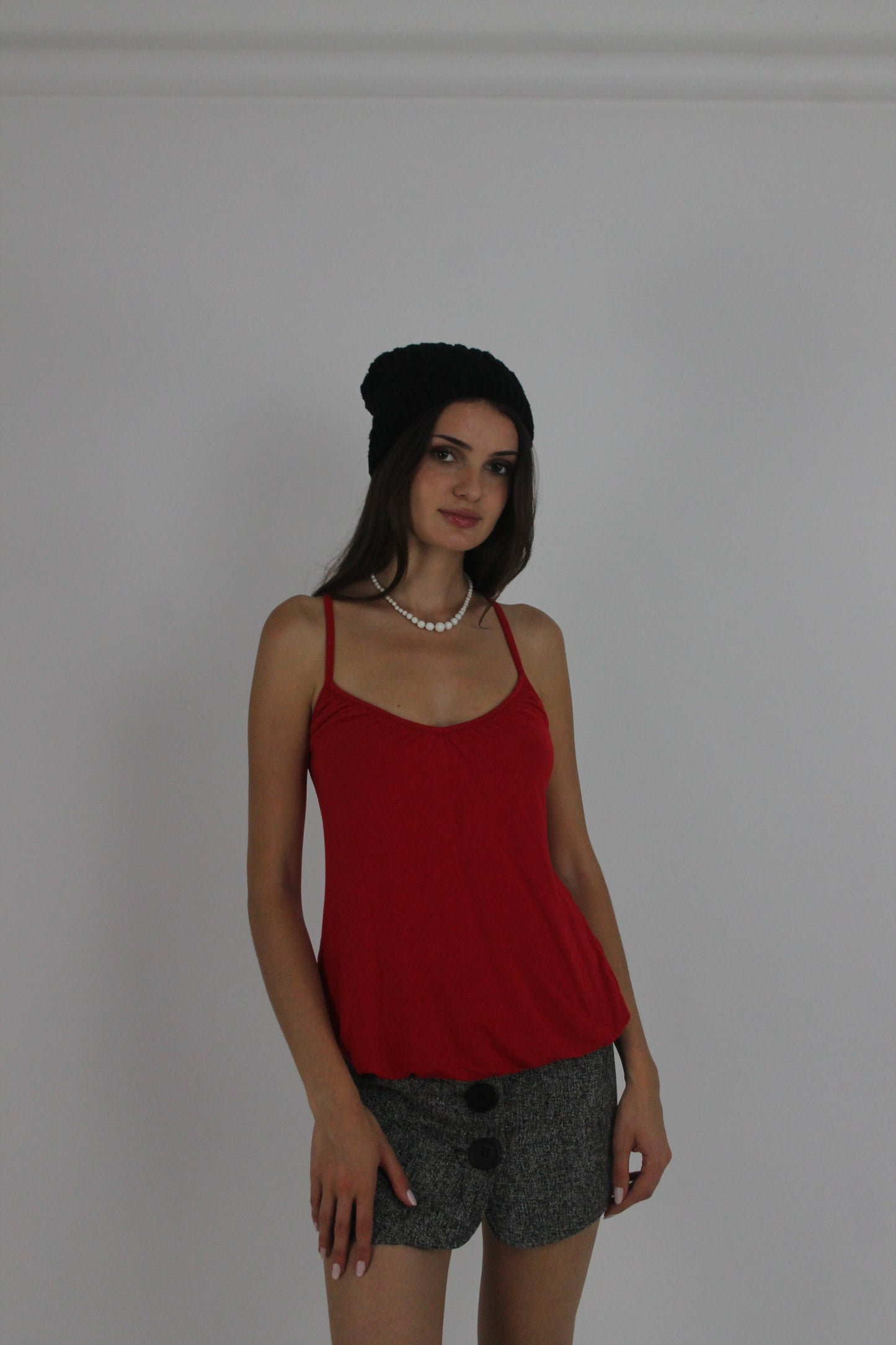 red spaghetti-strap cami top detail view 03