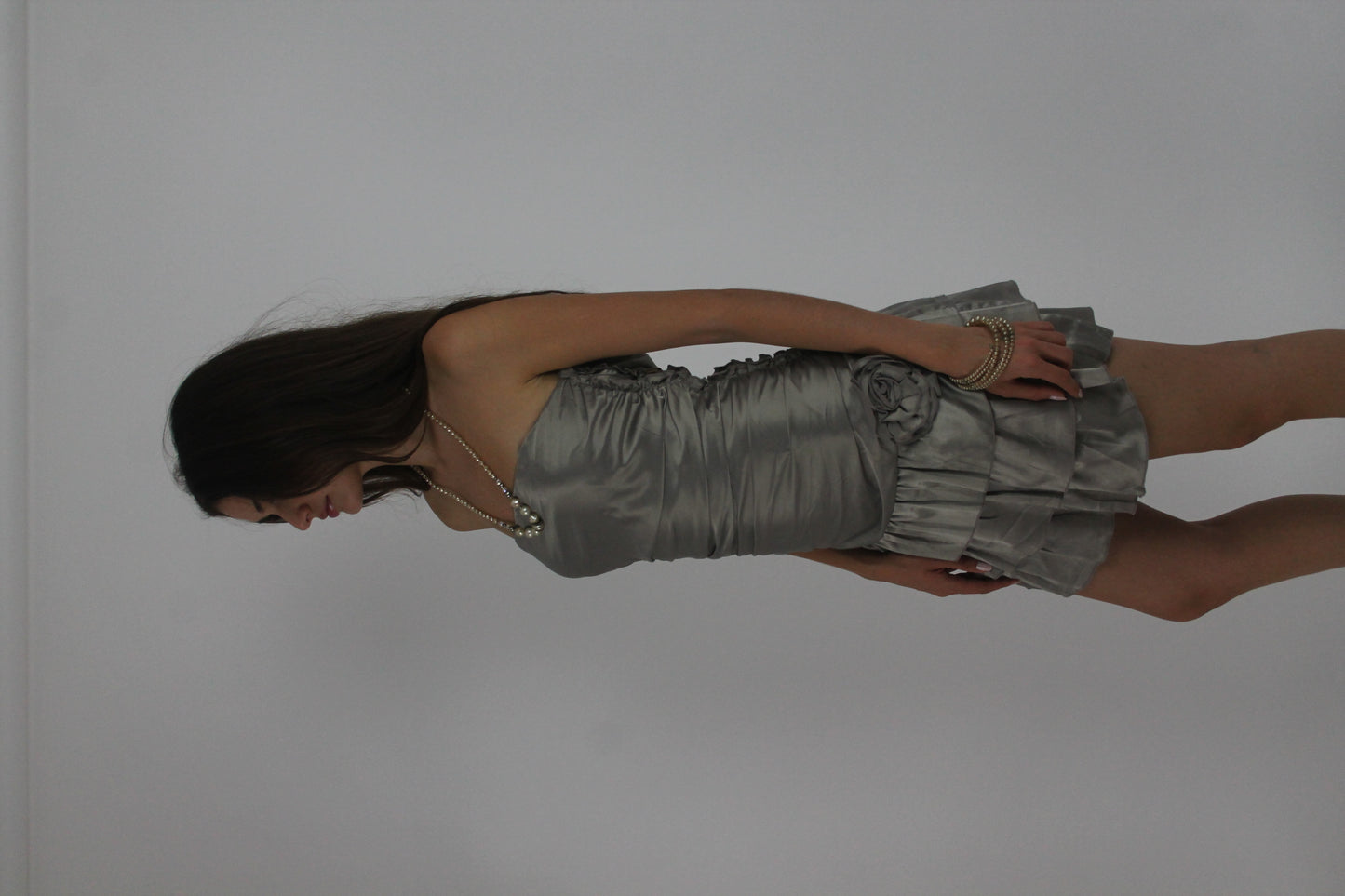 silver tiered satin-style mini dress detail 03