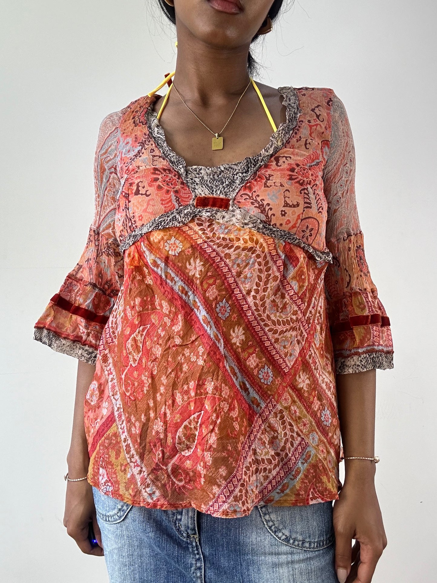 vintage edit twenty-one | small orange sheer 3/4 sleeve patterned top