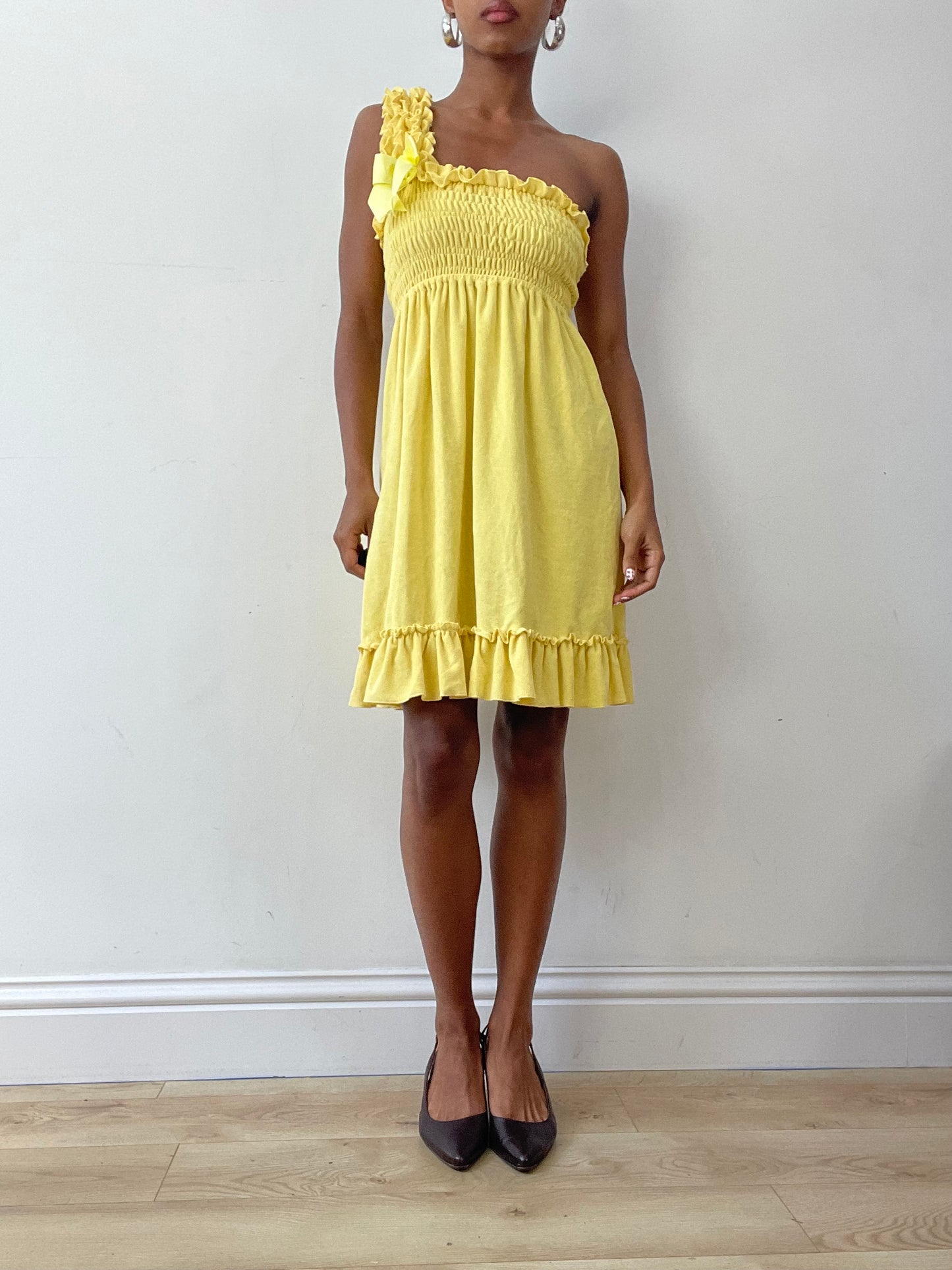 vintage edit twenty-seven | extra small yellow one shoulder towelling mini dress with ribbon detail