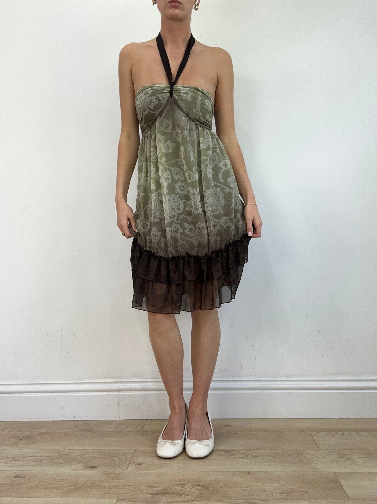 vintage edit twenty | small khaki and brown halterneck floral dress
