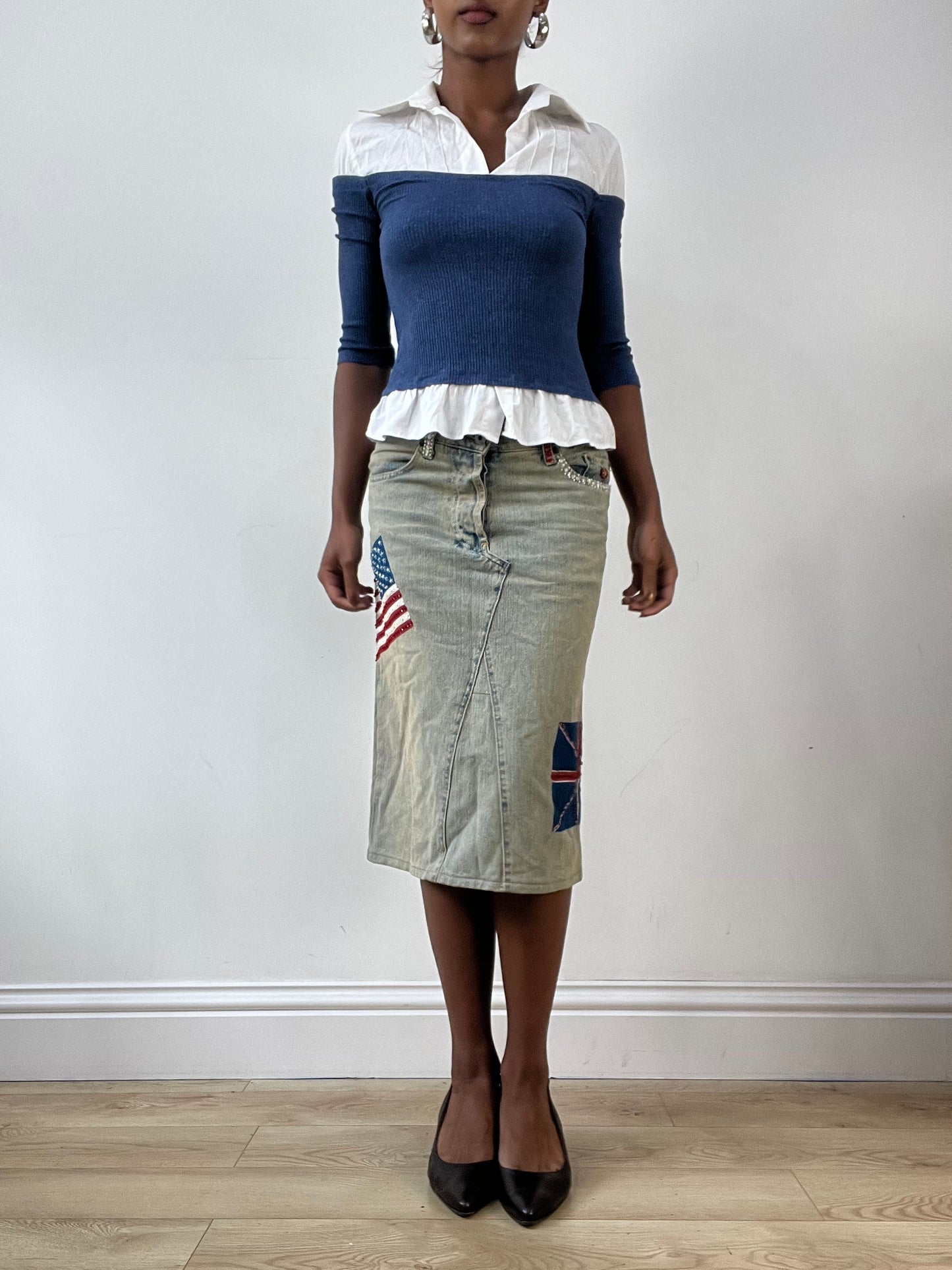 LFW edit | small blue denim midi skirt with painted flags detail