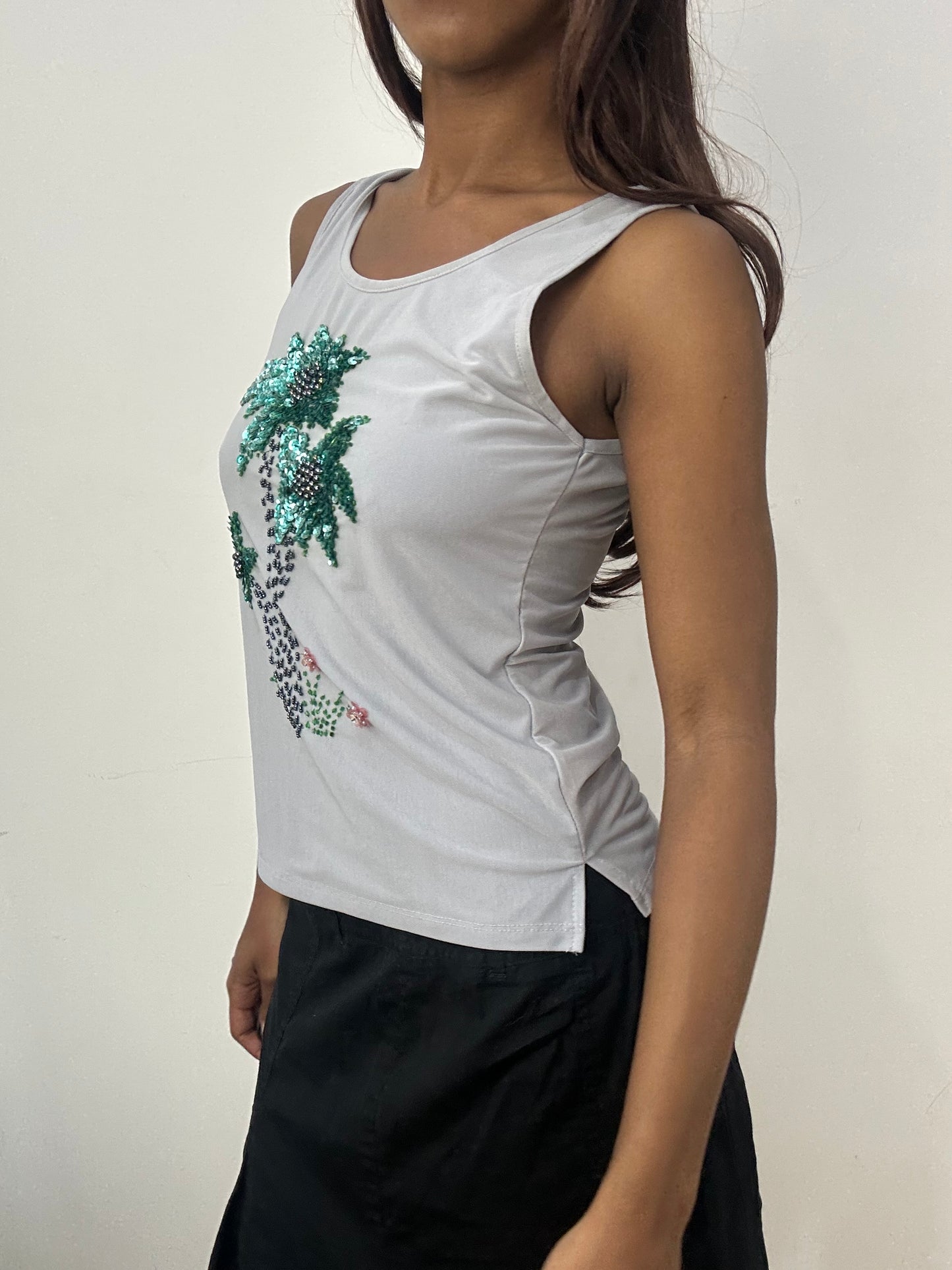 BEST PICKS | small blue tank top with palm tree sequin detail