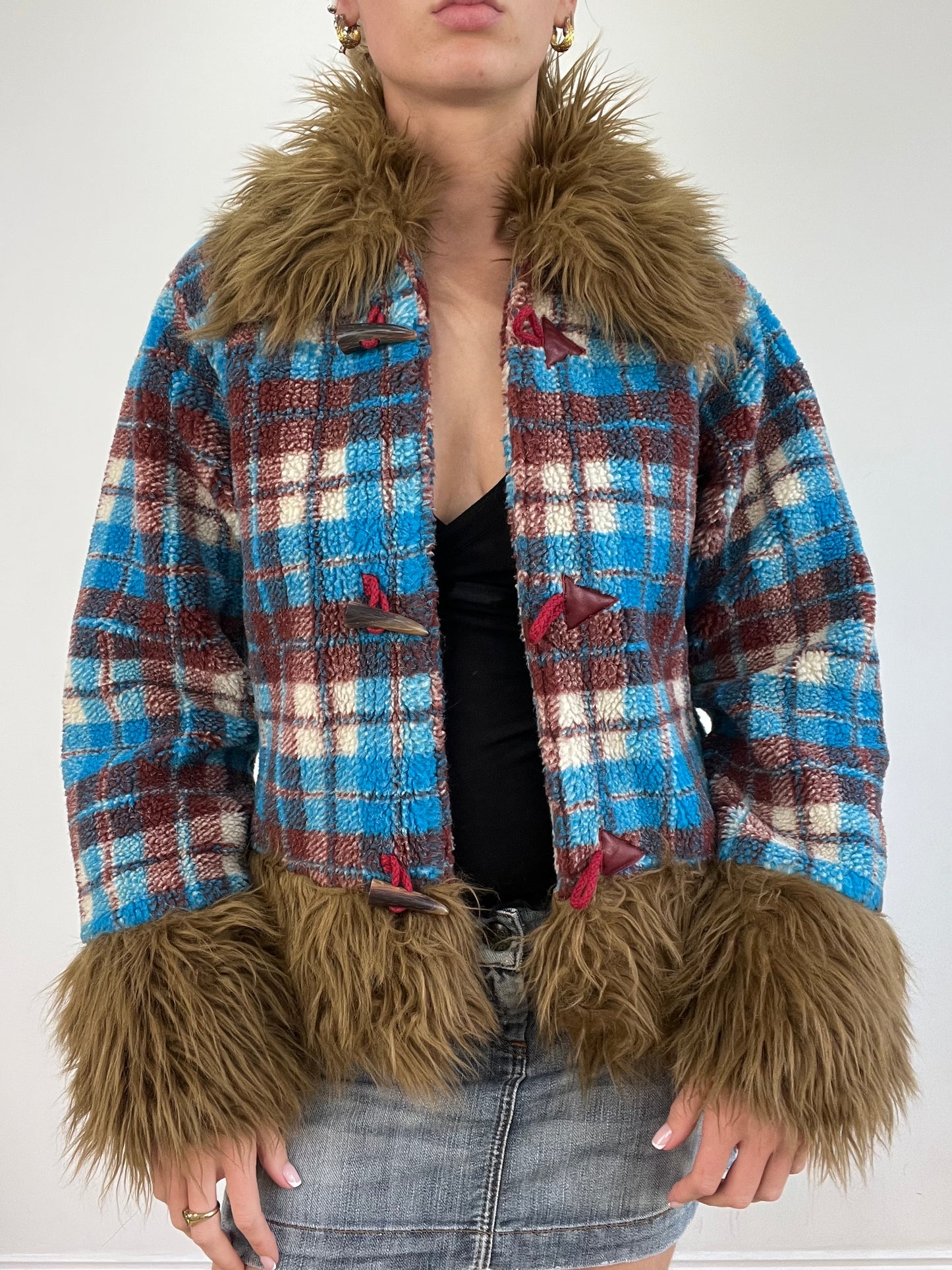 vintage edit twenty | medium blue and brown checkered gingham fleece afghan jacket