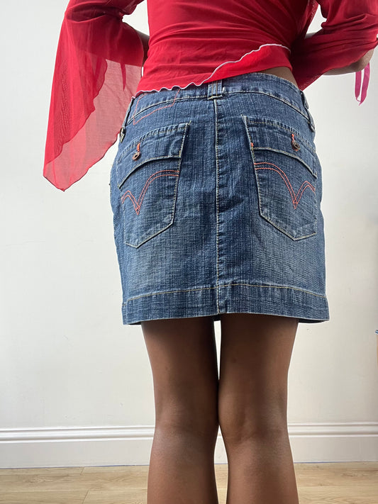 LFW edit | medium denim mini skirt with red embroidery detail
