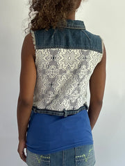 wag drop | S码 蓝色 牛仔 gilet 上衣 配 蕾丝 back