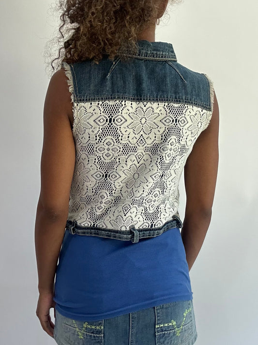 wag drop | small blue denim gilet top with lace back