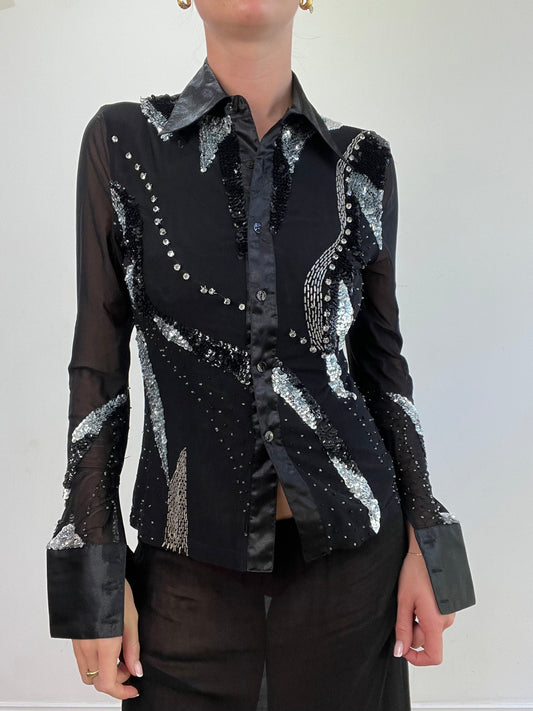 vintage edit: wedding guest | medium black and silver shirt with sequin detail