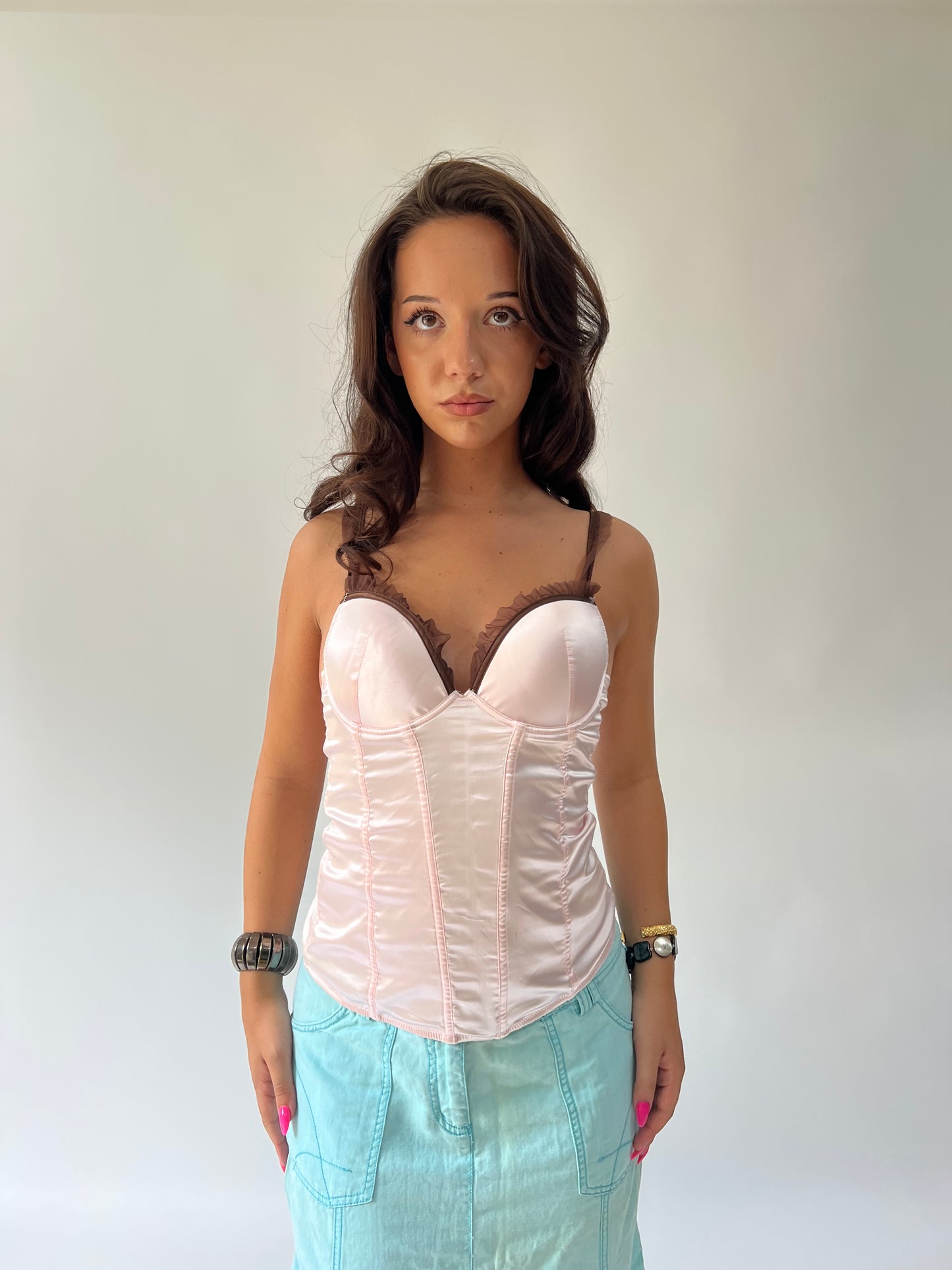 SATC drop | medium pink corset top with brown detail