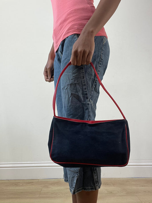BEST PICKS | blue denim mini shoulder bag with red piping