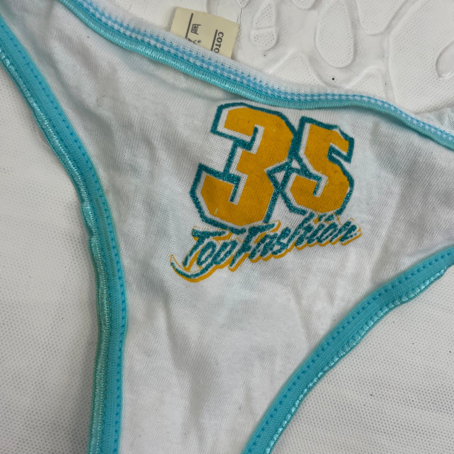 CHALET GIRL DROP | small white and blue graphic thong