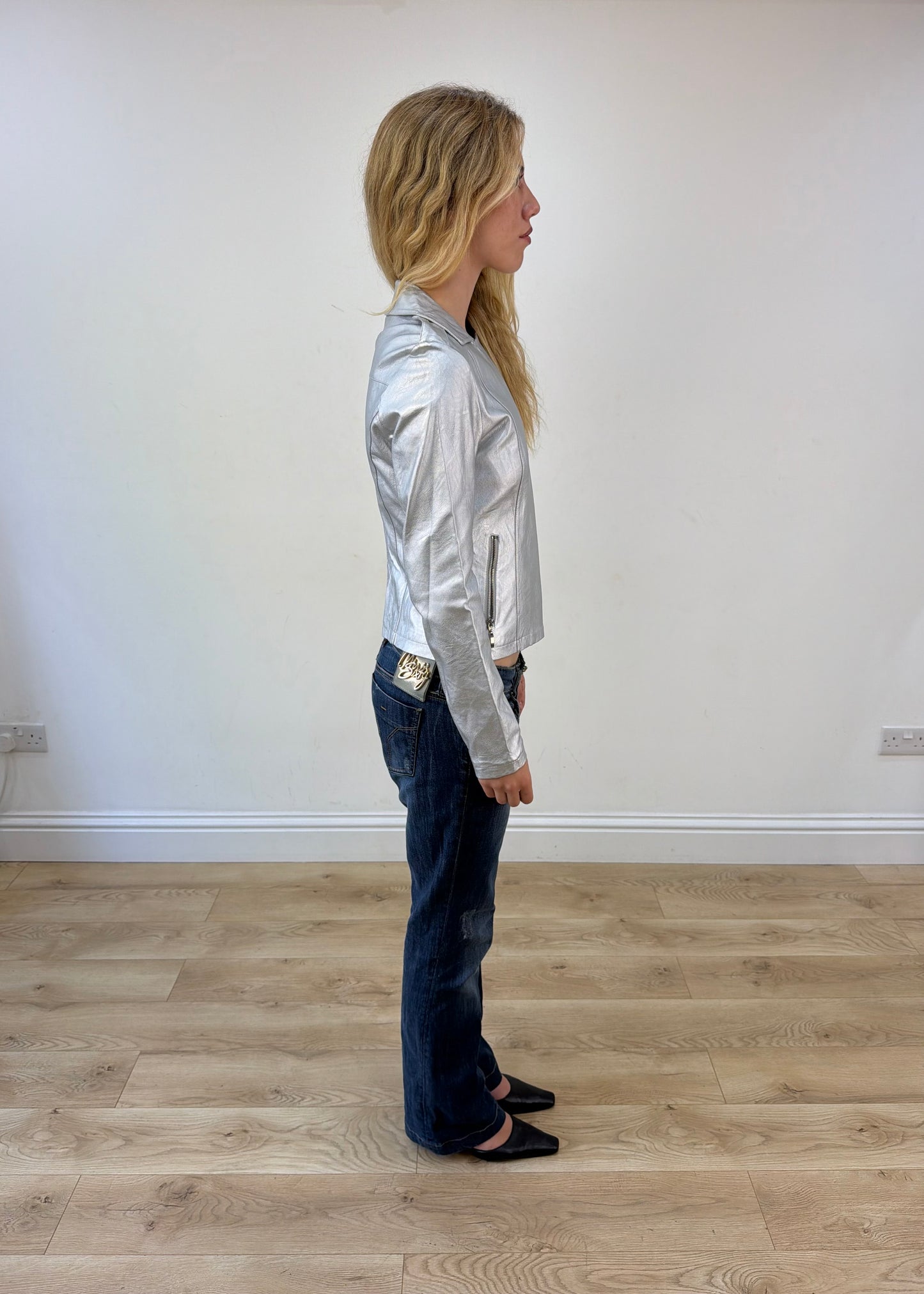 small silver metallic biker jacket