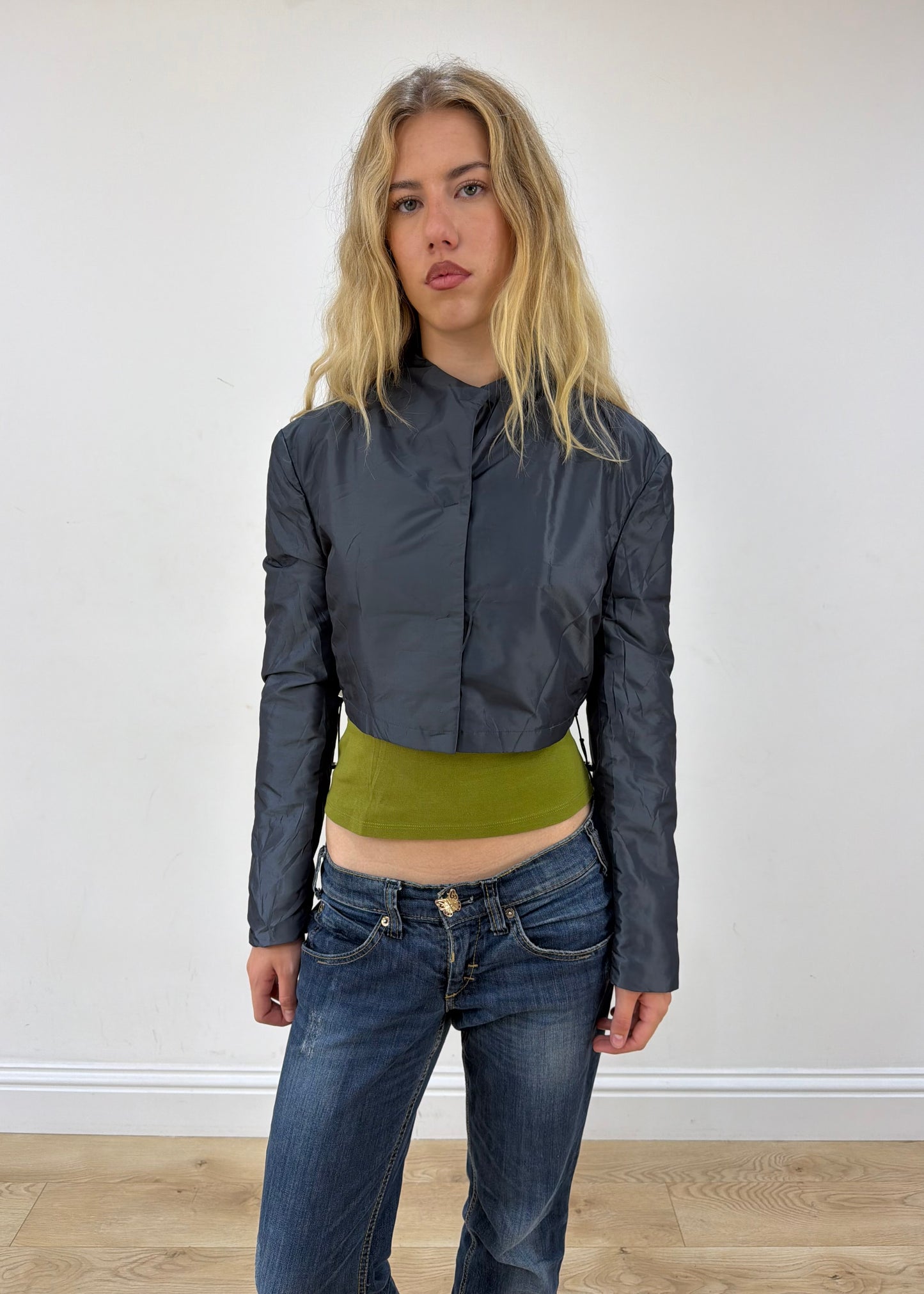 medium blue iridescent cropped jacket