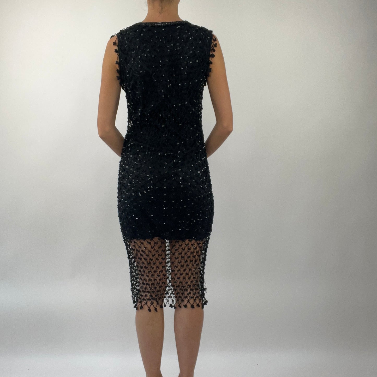 PROM SEASON DROP | medium black midi dress with crochet sequin overlay