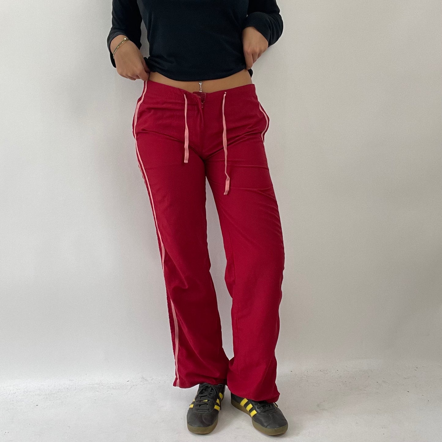AMELIA GRAY DROP | medium red joggers with pink stripes