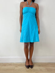 vintage edit twenty-five | medium blue halterneck midi dress with tie up back detail